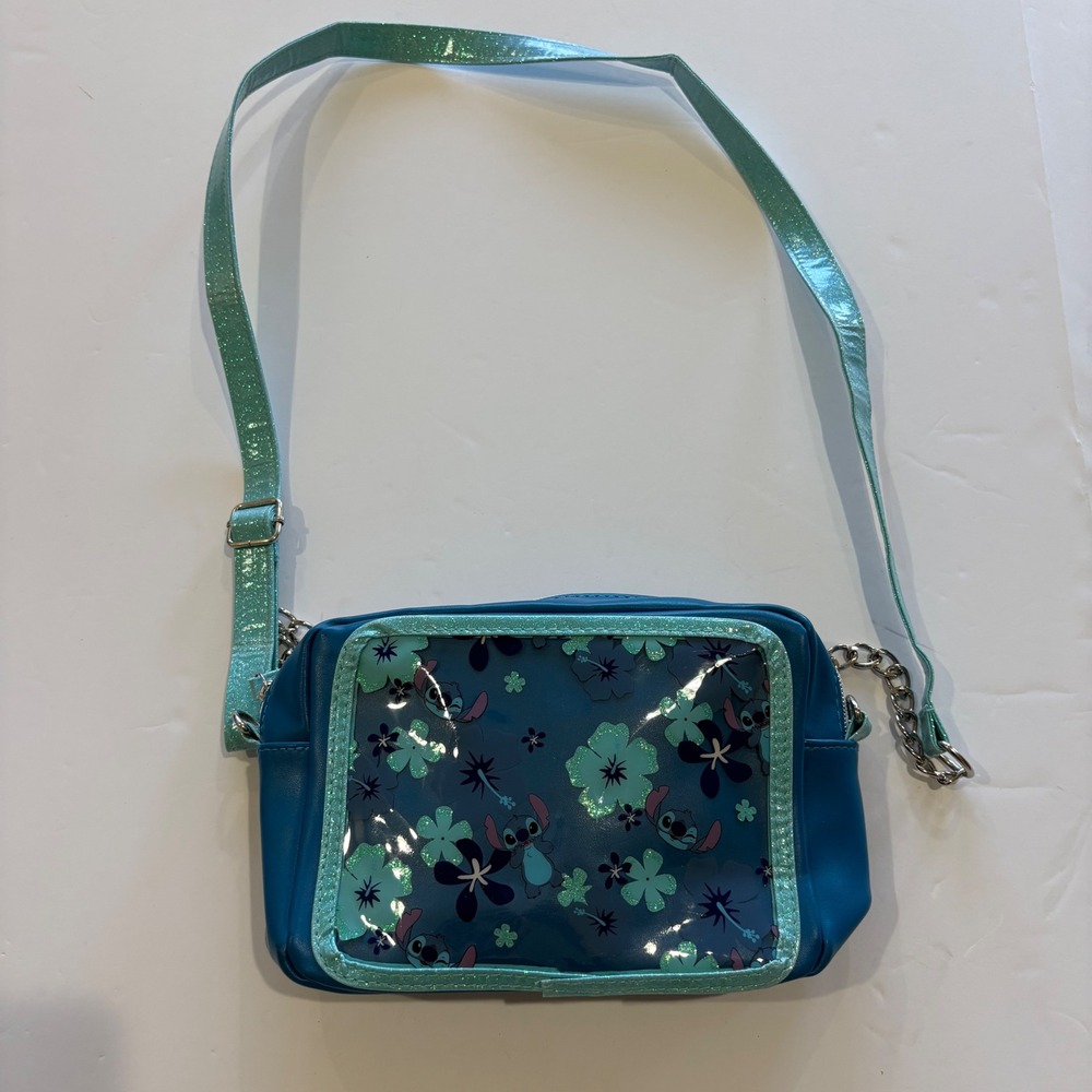 Disney Lilo & Stitch Girls BlueCrossbody Bag Floral Glitter Clear Window  Purse - Picture 2 of 5
